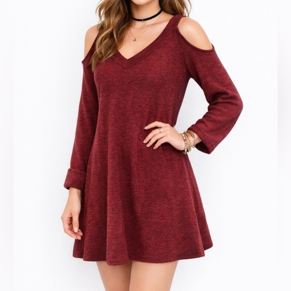 Everly Burgundy Red Cold Shoulder Soft Knit Holiday Party Dress Valentines Day S - Picture 1 of 4